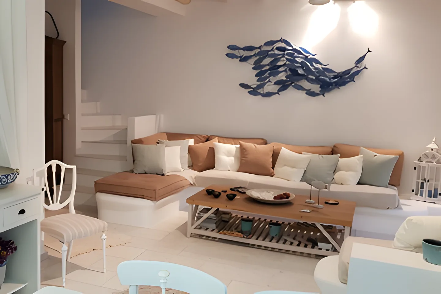 Villa Nausithoe living room with Cycladic decor