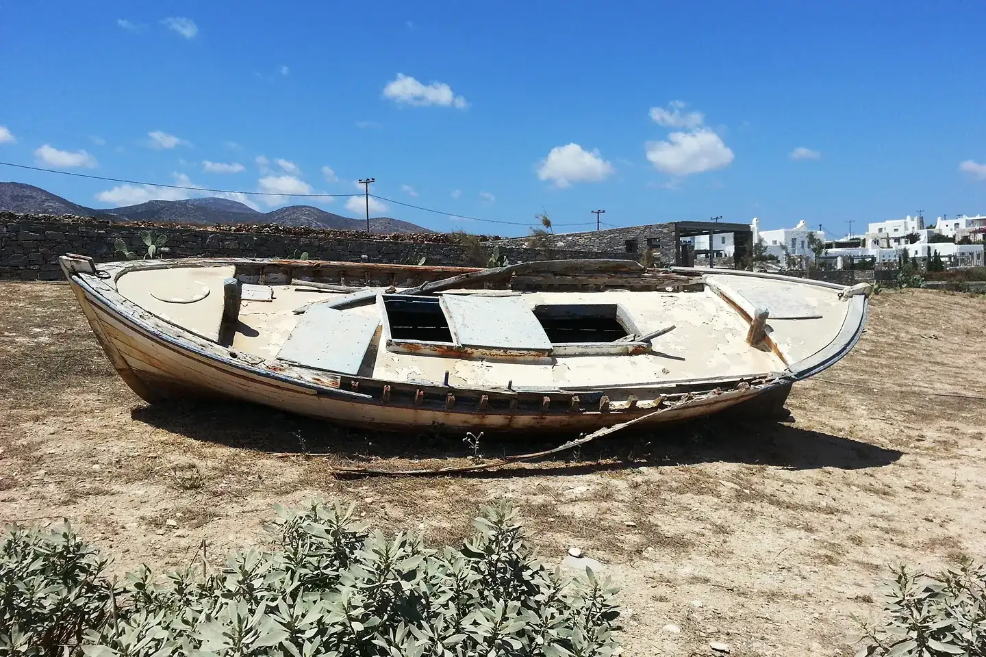Old wooden boat near Parikia