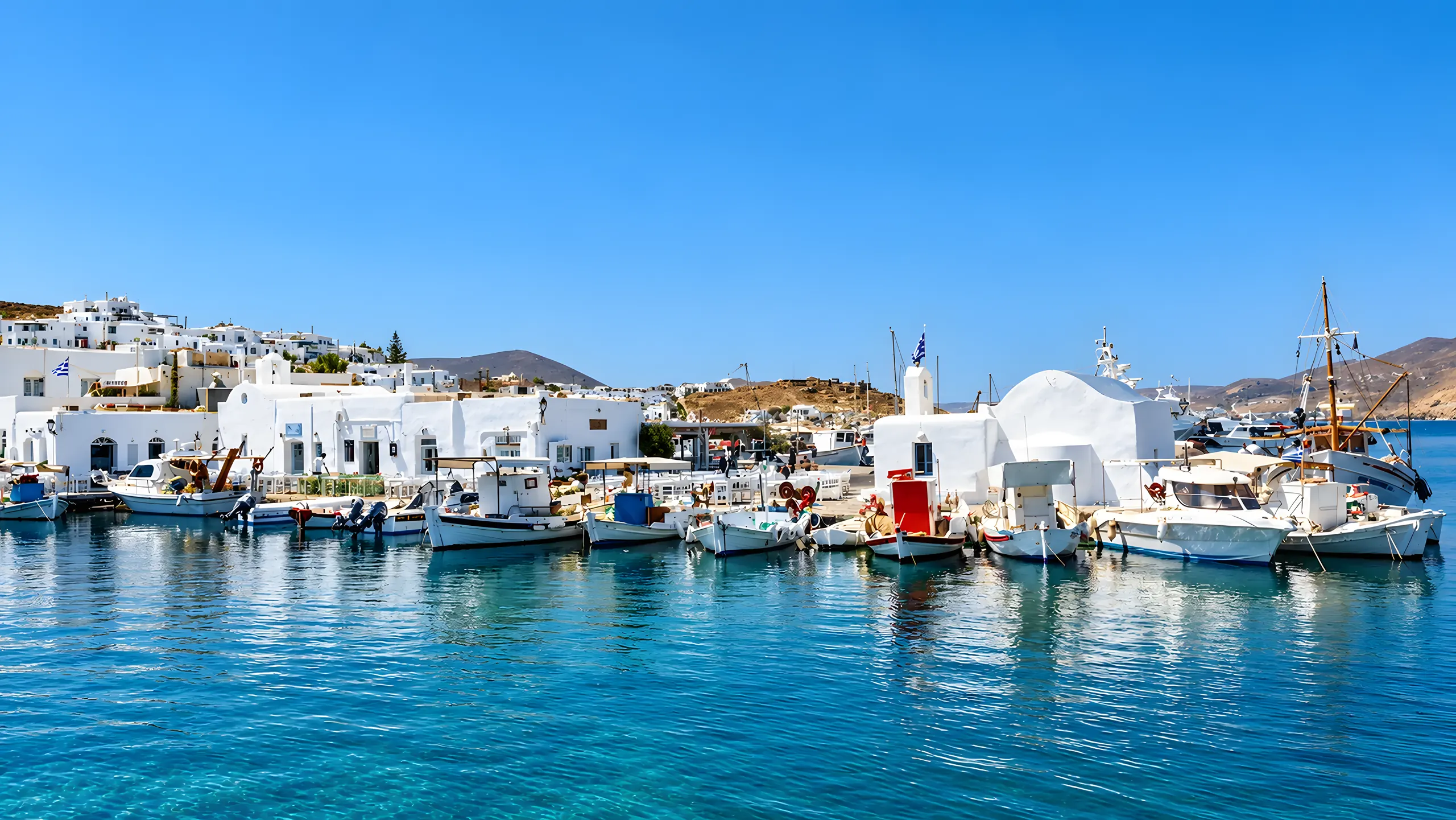 Whitewashed harbour with fishing boats in Paros